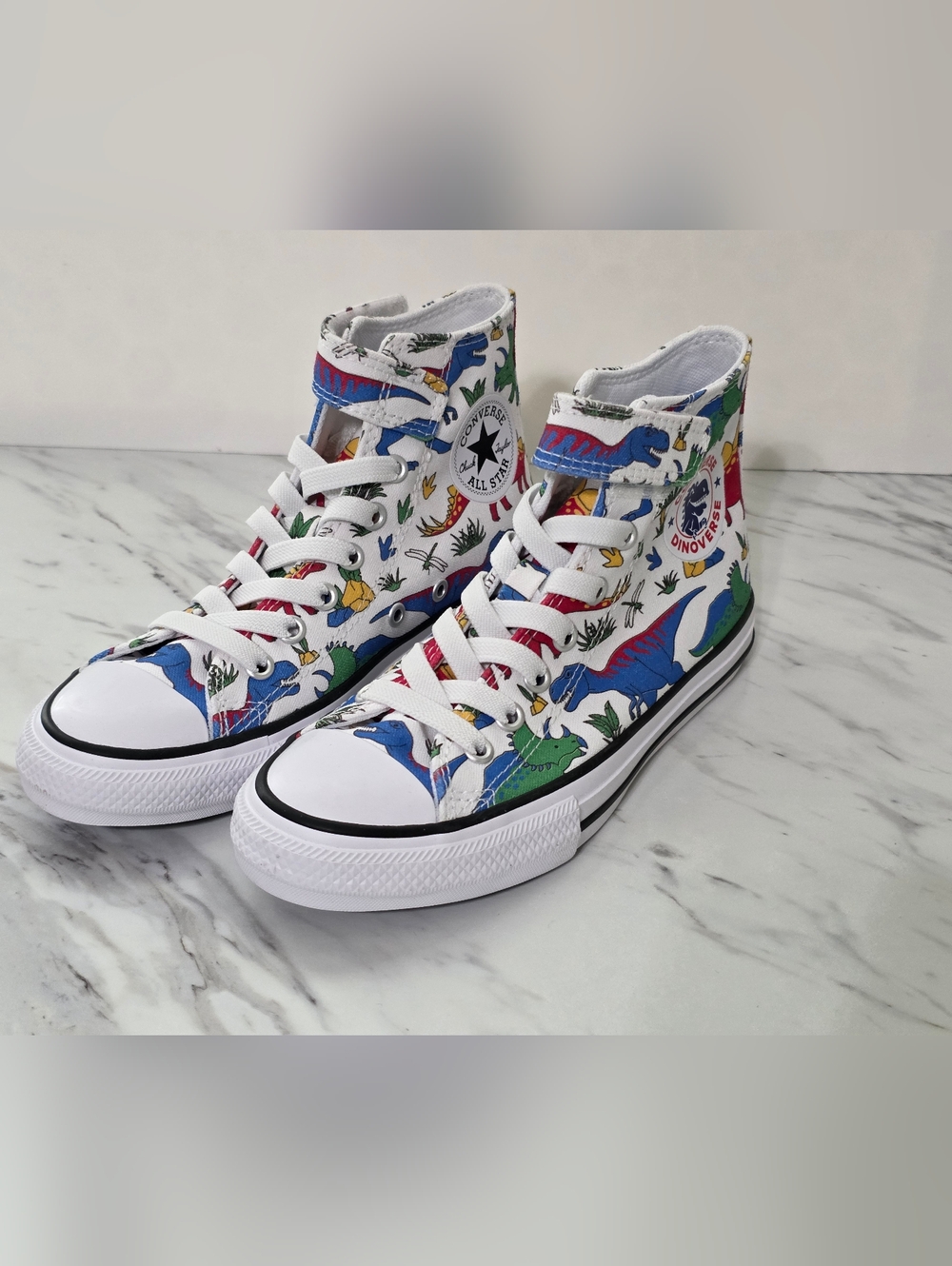 Converse High Top Sneakers - White with Blue, Green, Red, Yellow Dinosaur Print